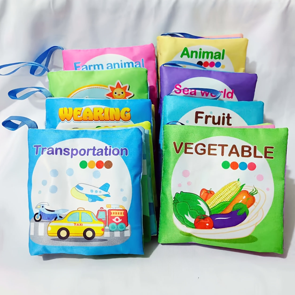 Set van 8 zachte babyboekjes – kleurrijke stof & knisper