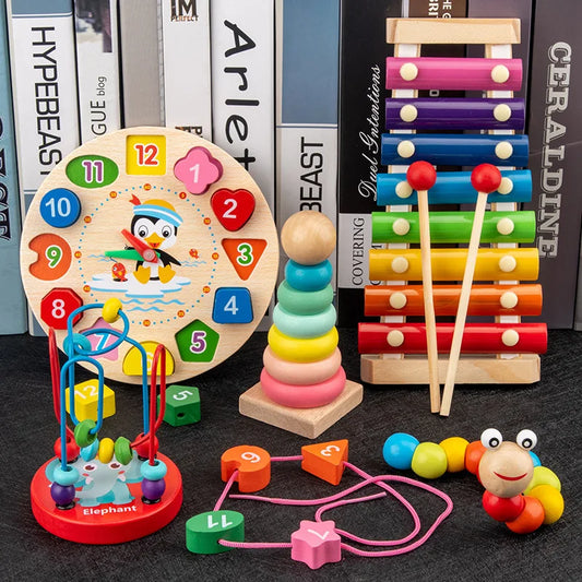 Montessori houten activiteitenset – kralenbaan & puzzels (3+)