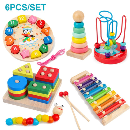 Montessori houten activiteitenset – kralenbaan & puzzels (3+)