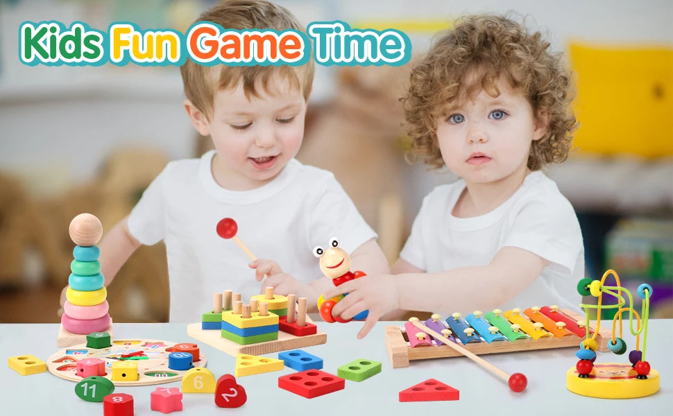 Montessori houten activiteitenset – kralenbaan & puzzels (3+)