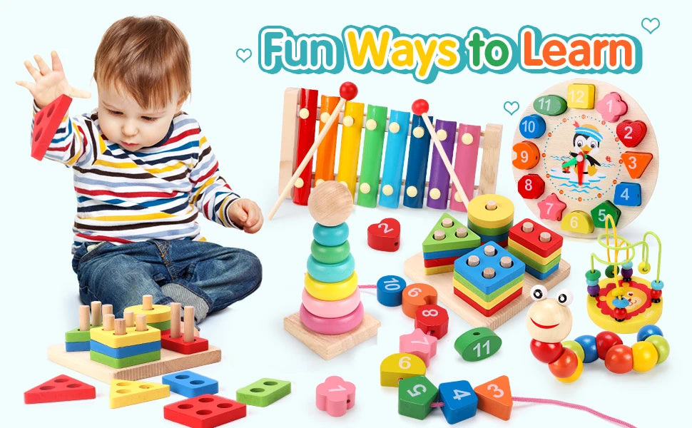 Montessori houten activiteitenset – kralenbaan & puzzels (3+)