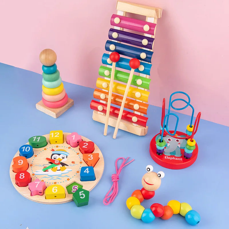 Montessori houten activiteitenset – kralenbaan & puzzels (3+)