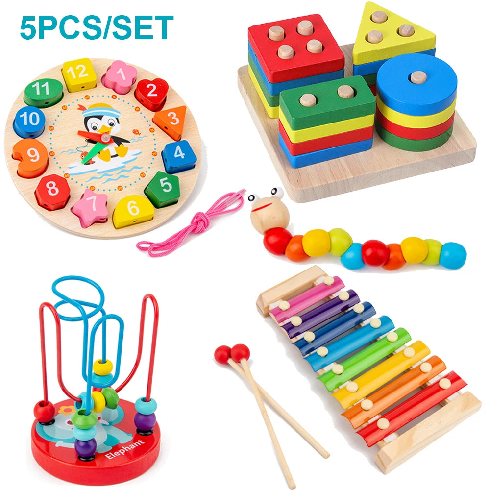 Montessori houten activiteitenset – kralenbaan & puzzels (3+)