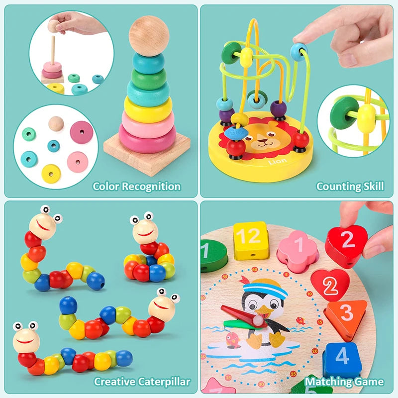 Montessori houten activiteitenset – kralenbaan & puzzels (3+)