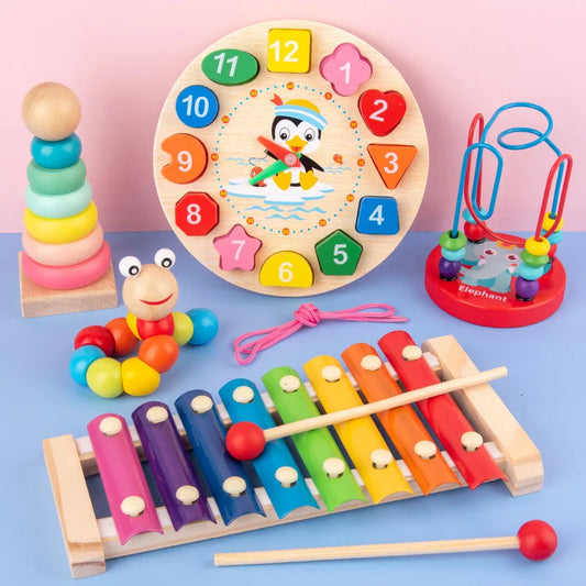 Montessori houten activiteitenset – kralenbaan & puzzels (3+)