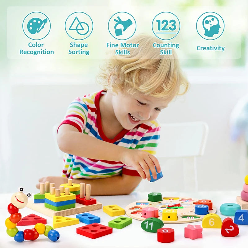 Montessori houten activiteitenset – kralenbaan & puzzels (3+)